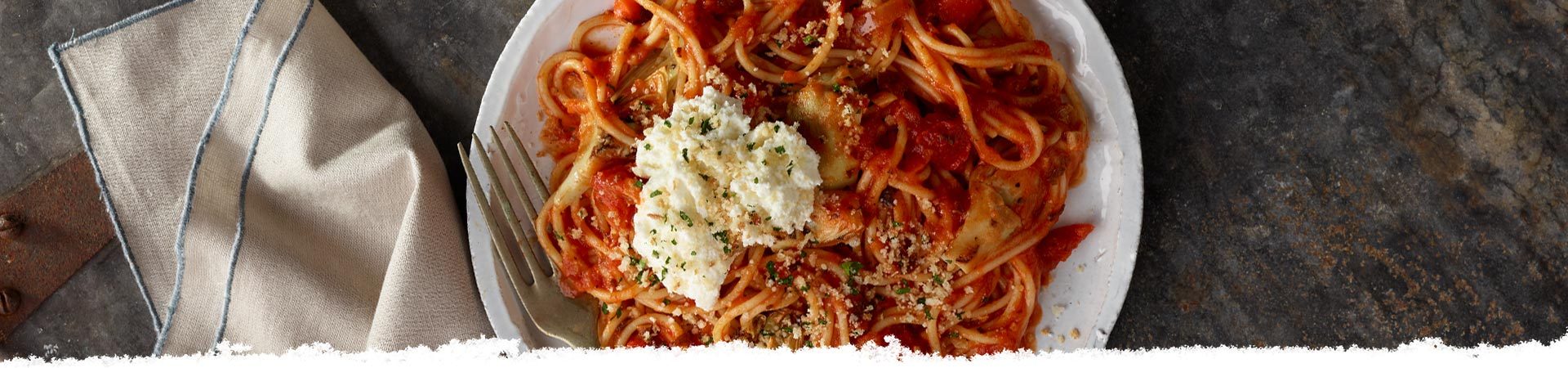 Artichoke Spaghetti with Toasted Garlic Breadcrumbs