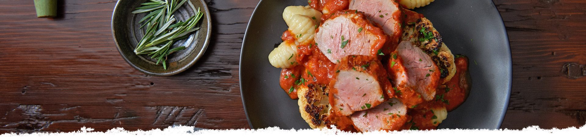 Cauliflower “Steaks” with Porcini & Truffled Pork & Gnocchi