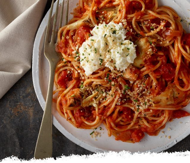Artichoke Spaghetti with Toasted Garlic Breadcrumbs