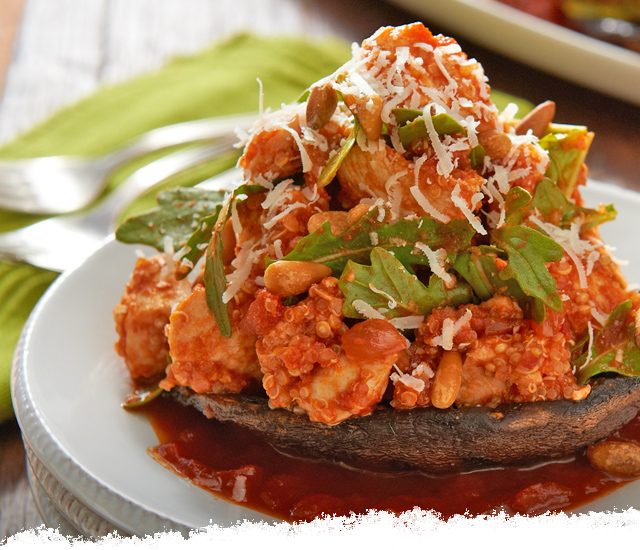 Balsamic & Caramelized Onion Chicken-Stuffed Mushrooms