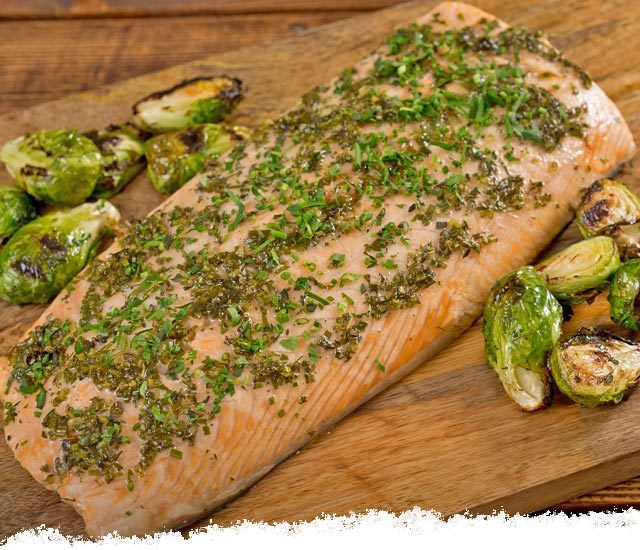 Cedar Plank Grilled Salmon & Brussels Sprouts