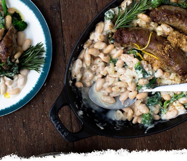 Creamy White Bean Gratin with Broccoli Rabe and Sausage