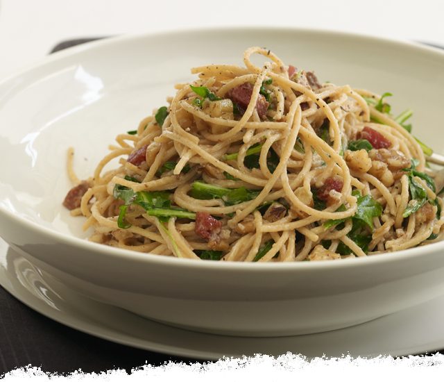Pasta Alfredo with Pancetta and Arugula