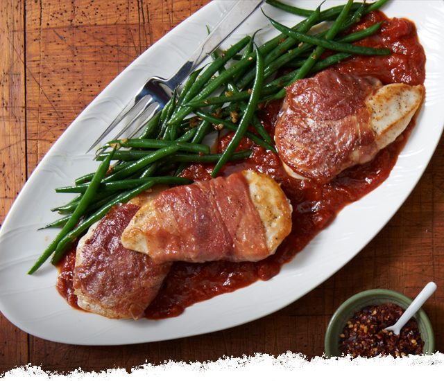 Prosciutto Chicken with Marinara and Garlic Green Beans