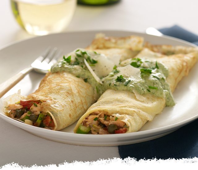 Salmon Crepes with Creamy Sage Pesto
