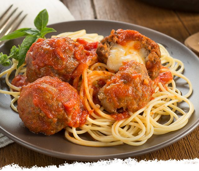 Skillet Spaghetti & Mozzarella Stuffed Meatballs