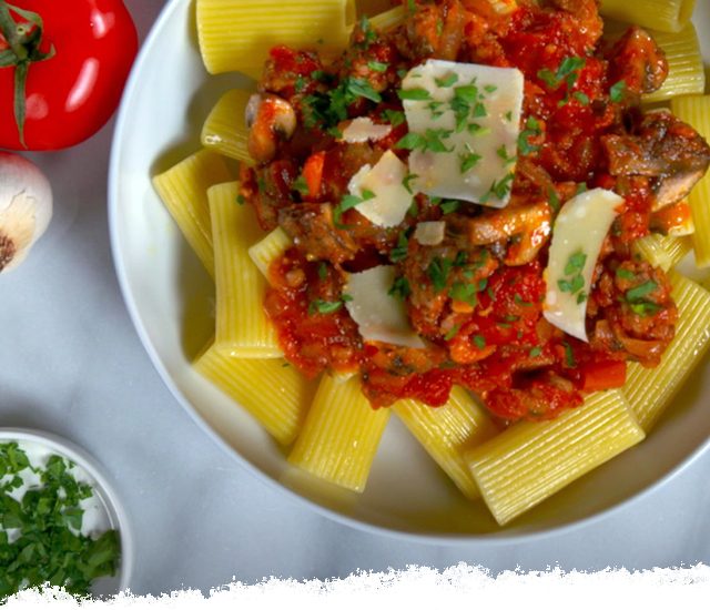 Spicy Tuscan Rigatoni with Sausage & Mushrooms