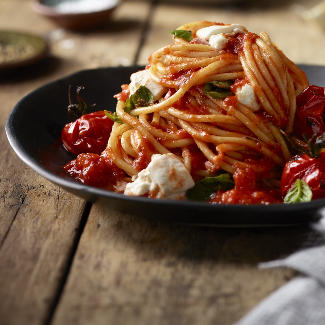 Spaghetti with Burrata & Blistered Cherry Tomatoes