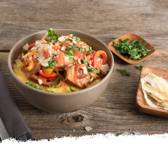 Sausage, Peppers and Onions with Creamy Rosa Polenta