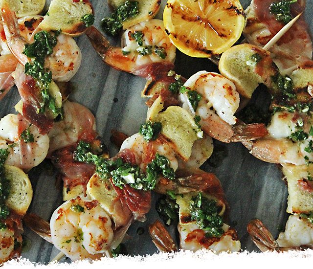 Prosciutto Wrapped Shrimp Skewers with Italian Salsa Verde